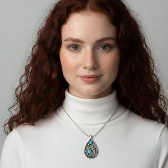 Boho Western Feather Teardrop Leaf Turquoise Silver Pendant Necklace NWOT - Picture 7 of 8